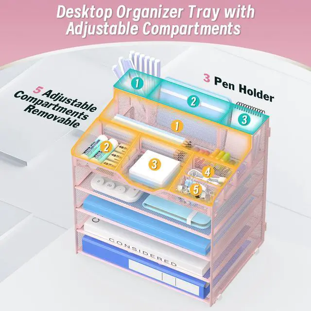 Alt view image 5 of 7 - 5 Tier Mesh Desk Organizer,Multi Functional Letter Paper Tray with 3 Pen Holders and 5 Adjustable Storage Compartments for Office Supplies Files and Mail Space Saving Desktop Organizer-Pink