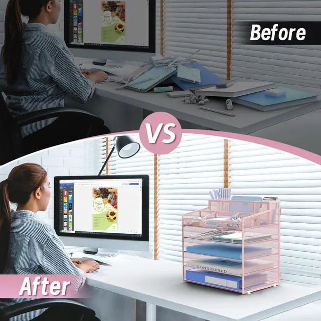 Alt view image 3 of 7 - 5 Tier Mesh Desk Organizer,Multi Functional Letter Paper Tray with 3 Pen Holders and 5 Adjustable Storage Compartments for Office Supplies Files and Mail Space Saving Desktop Organizer-Pink