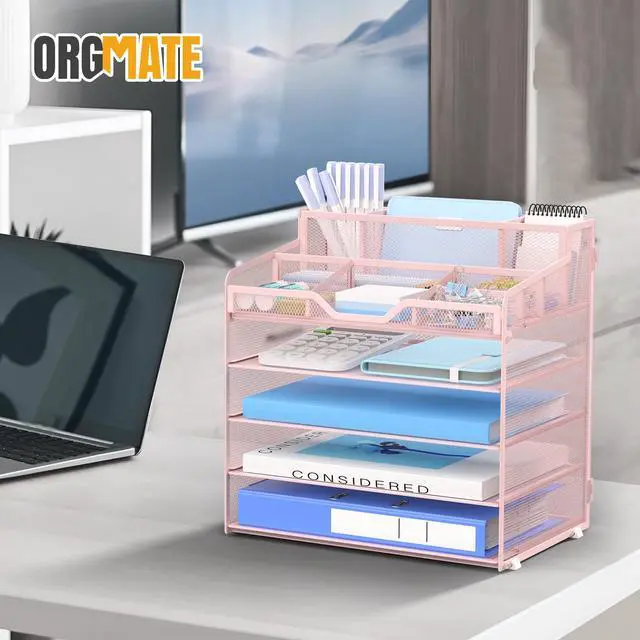 Alt view image 6 of 7 - 5 Tier Mesh Desk Organizer,Multi Functional Letter Paper Tray with 3 Pen Holders and 5 Adjustable Storage Compartments for Office Supplies Files and Mail Space Saving Desktop Organizer-Pink