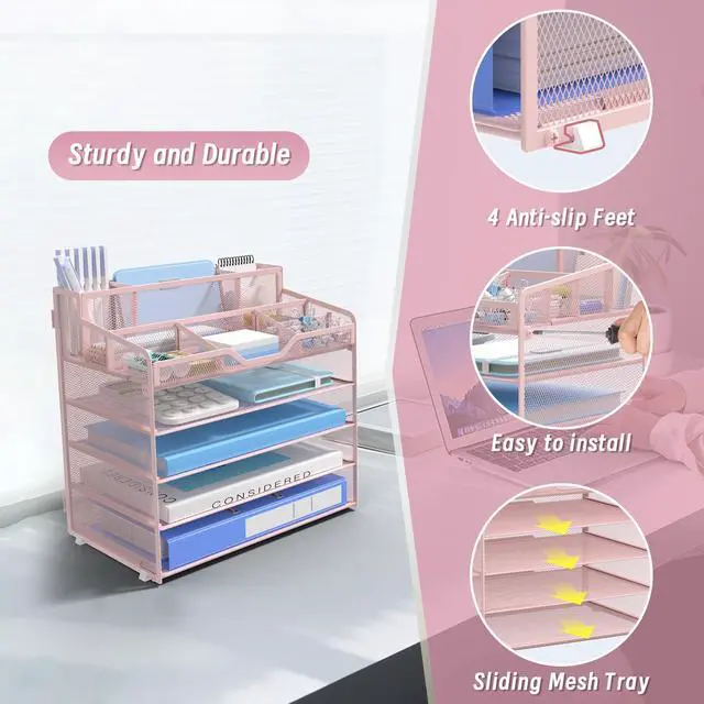 Alt view image 4 of 7 - 5 Tier Mesh Desk Organizer,Multi Functional Letter Paper Tray with 3 Pen Holders and 5 Adjustable Storage Compartments for Office Supplies Files and Mail Space Saving Desktop Organizer-Pink
