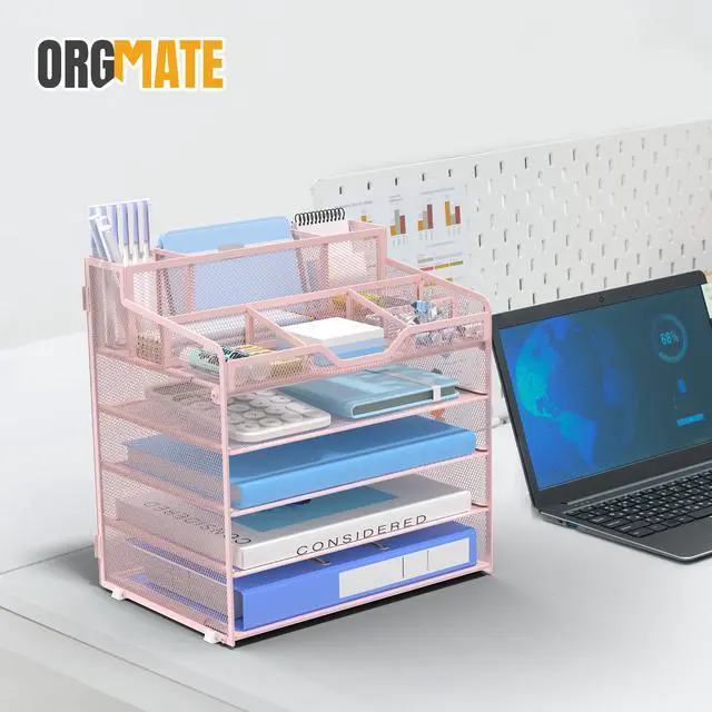 Alt view image 7 of 7 - 5 Tier Mesh Desk Organizer,Multi Functional Letter Paper Tray with 3 Pen Holders and 5 Adjustable Storage Compartments for Office Supplies Files and Mail Space Saving Desktop Organizer-Pink