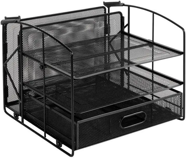 Main image of Sturdy Rectangular Desktop Organizer with 3 Trays, Sliding Drawer and Hanging File Holder for Office Supplies, Black