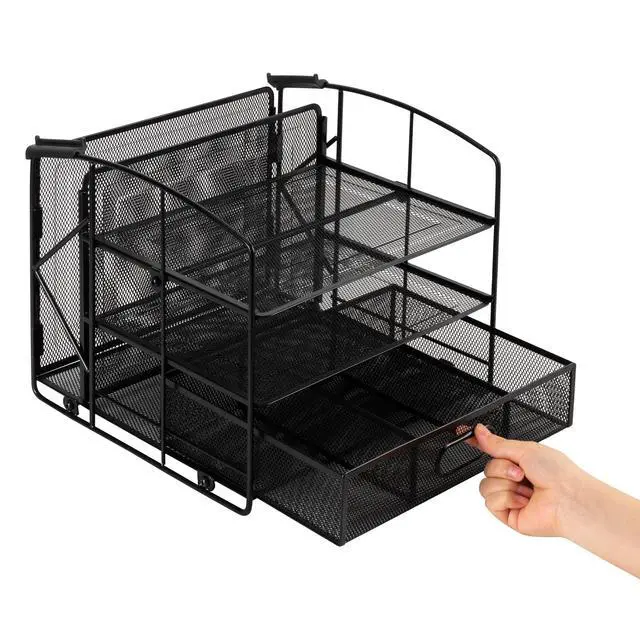 Alt view image 2 of 4 - Sturdy Rectangular Desktop Organizer with 3 Trays, Sliding Drawer and Hanging File Holder for Office Supplies, Black