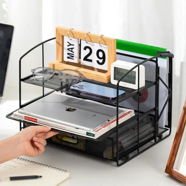 Alt view image 4 of 4 - Sturdy Rectangular Desktop Organizer with 3 Trays, Sliding Drawer and Hanging File Holder for Office Supplies, Black