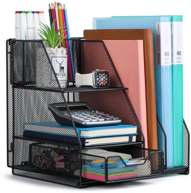 Main image of Desk Organizer, File Organizer for Desk with 2-Tier Paper Letter Tray, Drawer and 2 Pen Holder, Mesh Desktop Organization with Magazine Holder for Office Supplies