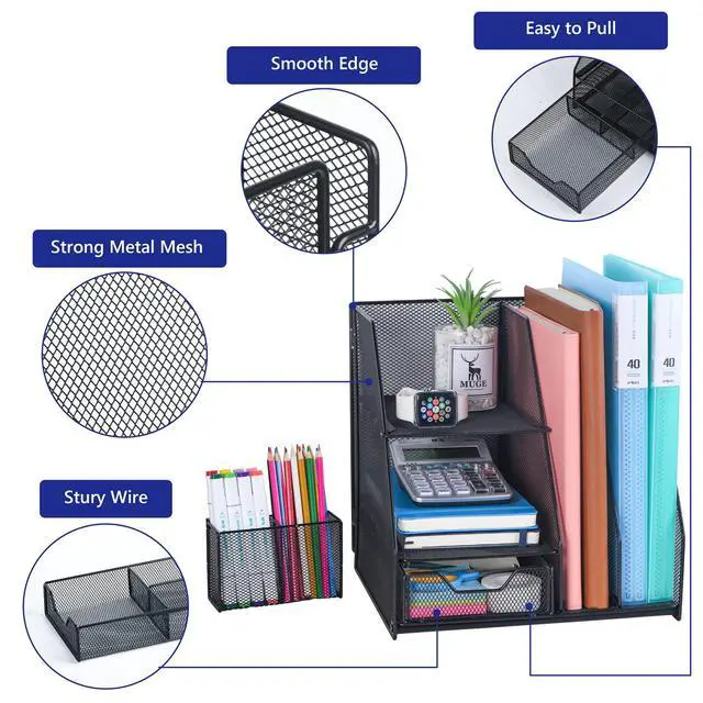 Alt view image 2 of 7 - Desk Organizer, File Organizer for Desk with 2-Tier Paper Letter Tray, Drawer and 2 Pen Holder, Mesh Desktop Organization with Magazine Holder for Office Supplies
