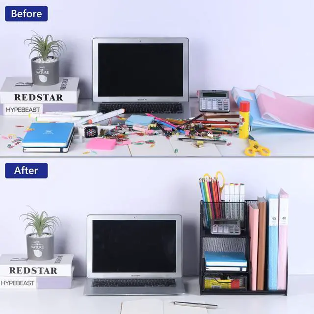 Alt view image 4 of 7 - Desk Organizer, File Organizer for Desk with 2-Tier Paper Letter Tray, Drawer and 2 Pen Holder, Mesh Desktop Organization with Magazine Holder for Office Supplies