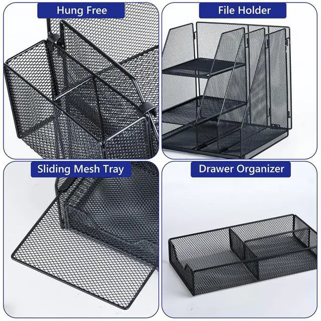 Alt view image 5 of 7 - Desk Organizer, File Organizer for Desk with 2-Tier Paper Letter Tray, Drawer and 2 Pen Holder, Mesh Desktop Organization with Magazine Holder for Office Supplies
