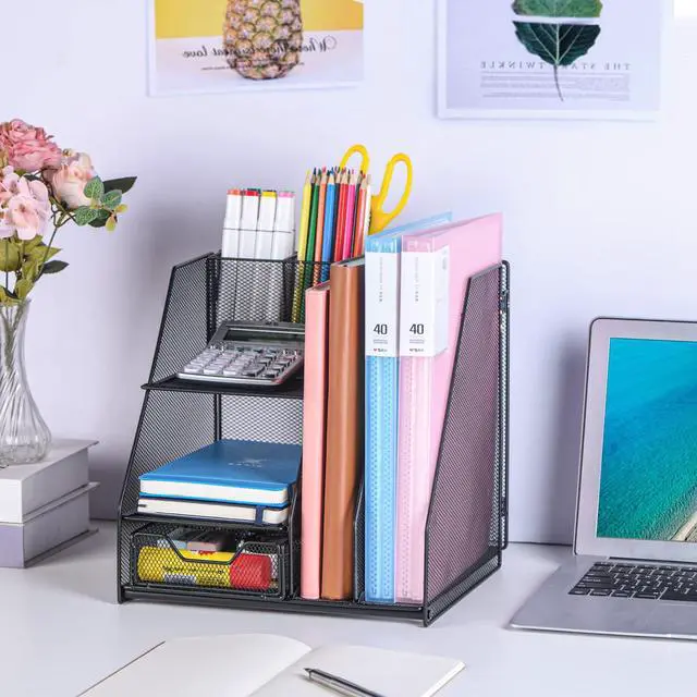 Alt view image 7 of 7 - Desk Organizer, File Organizer for Desk with 2-Tier Paper Letter Tray, Drawer and 2 Pen Holder, Mesh Desktop Organization with Magazine Holder for Office Supplies