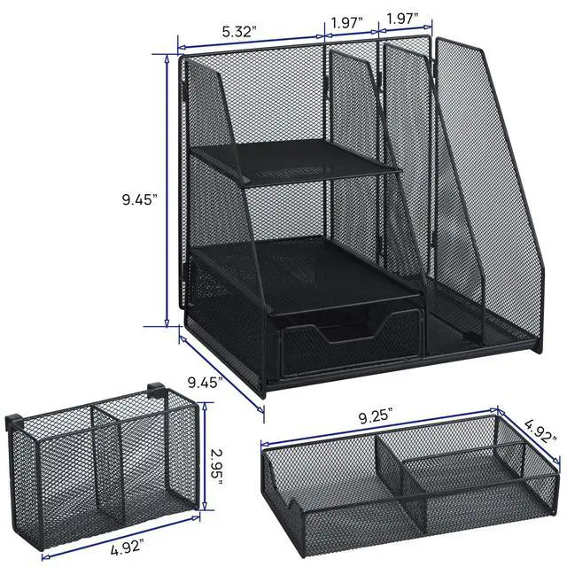 Alt view image 6 of 7 - Desk Organizer, File Organizer for Desk with 2-Tier Paper Letter Tray, Drawer and 2 Pen Holder, Mesh Desktop Organization with Magazine Holder for Office Supplies