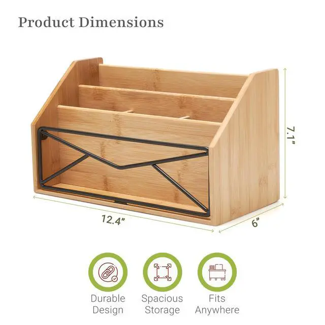Alt view image 3 of 6 - Bamboo Desk Organizer for Office and Home Natural Bamboo Mail Organizer for Countertop - Wooden Desktop Organizer for Mail, Files, Letters, and Tabletop Storage