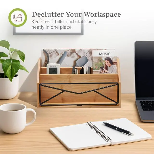 Alt view image 2 of 6 - Bamboo Desk Organizer for Office and Home Natural Bamboo Mail Organizer for Countertop - Wooden Desktop Organizer for Mail, Files, Letters, and Tabletop Storage