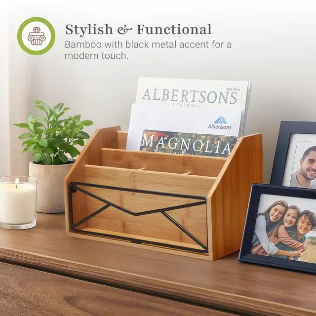 Alt view image 4 of 6 - Bamboo Desk Organizer for Office and Home Natural Bamboo Mail Organizer for Countertop - Wooden Desktop Organizer for Mail, Files, Letters, and Tabletop Storage