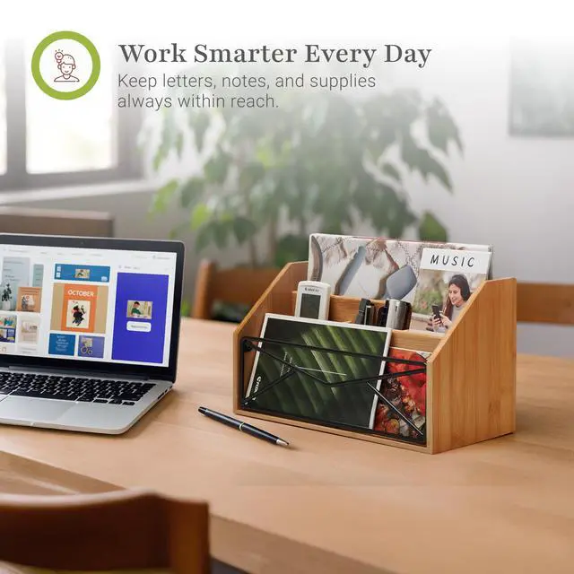 Alt view image 5 of 6 - Bamboo Desk Organizer for Office and Home Natural Bamboo Mail Organizer for Countertop - Wooden Desktop Organizer for Mail, Files, Letters, and Tabletop Storage