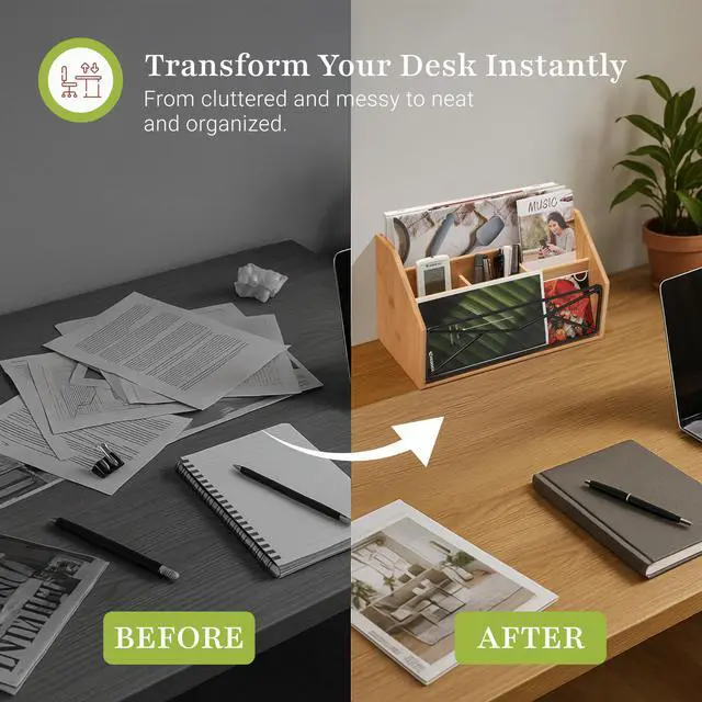 Alt view image 6 of 6 - Bamboo Desk Organizer for Office and Home Natural Bamboo Mail Organizer for Countertop - Wooden Desktop Organizer for Mail, Files, Letters, and Tabletop Storage