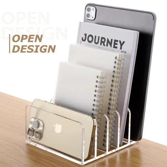 Alt view image 3 of 7 - Clear Desktop File Organizer, 5 Compartments Acrylic Office Document Sorter Mails Storage, Multifunction Letter Folder Racks Holders for Office,Home, School Desk Organization