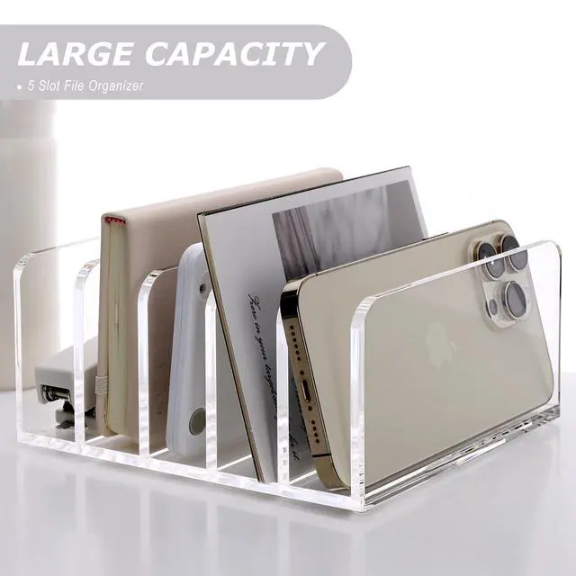 Alt view image 4 of 7 - Clear Desktop File Organizer, 5 Compartments Acrylic Office Document Sorter Mails Storage, Multifunction Letter Folder Racks Holders for Office,Home, School Desk Organization