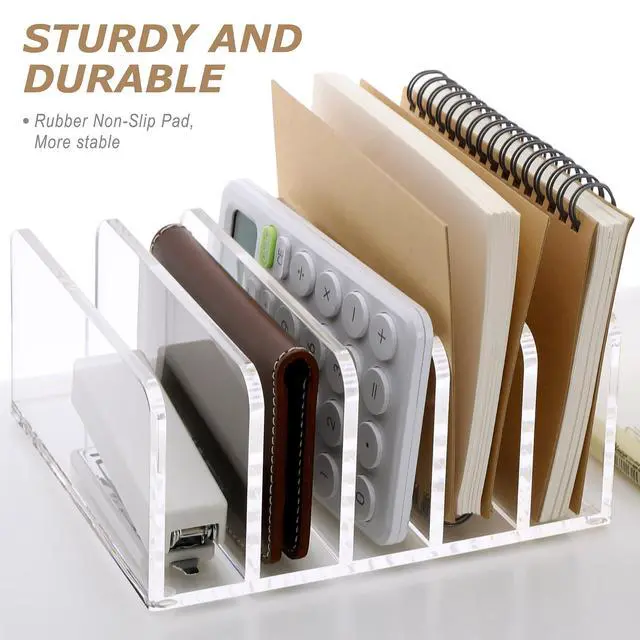 Alt view image 7 of 7 - Clear Desktop File Organizer, 5 Compartments Acrylic Office Document Sorter Mails Storage, Multifunction Letter Folder Racks Holders for Office,Home, School Desk Organization