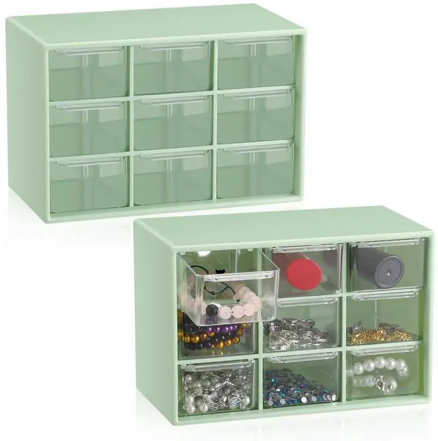 Main image of 2 Pcs Mini Storage Drawers Teacher Toolbox Organizer with 9 Clear Drawers Small Plastic Desktop Teacher Desk Craft Organizer for Classroom Office 7" x 3. 9" x 4. 7"(Green)