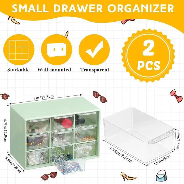 Alt view image 2 of 6 - 2 Pcs Mini Storage Drawers Teacher Toolbox Organizer with 9 Clear Drawers Small Plastic Desktop Teacher Desk Craft Organizer for Classroom Office 7" x 3. 9" x 4. 7"(Green)