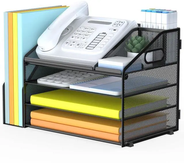 Main image of 4 Tier Paper Letter Tray File Organizer, Mesh Desk File with Handle, Workspace Desk Organizers with Pen Holder, Office Organization Storage Accessories - Black