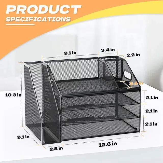 Alt view image 2 of 7 - 4 Tier Paper Letter Tray File Organizer, Mesh Desk File with Handle, Workspace Desk Organizers with Pen Holder, Office Organization Storage Accessories - Black