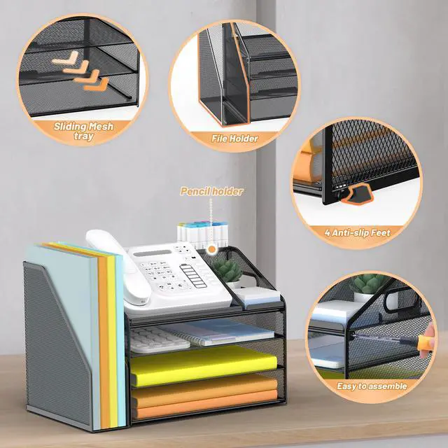 Alt view image 4 of 7 - 4 Tier Paper Letter Tray File Organizer, Mesh Desk File with Handle, Workspace Desk Organizers with Pen Holder, Office Organization Storage Accessories - Black