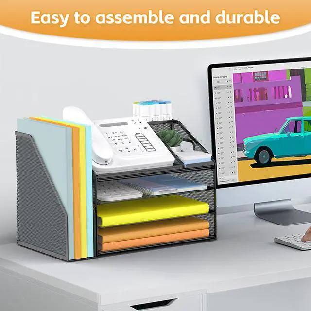 Alt view image 6 of 7 - 4 Tier Paper Letter Tray File Organizer, Mesh Desk File with Handle, Workspace Desk Organizers with Pen Holder, Office Organization Storage Accessories - Black