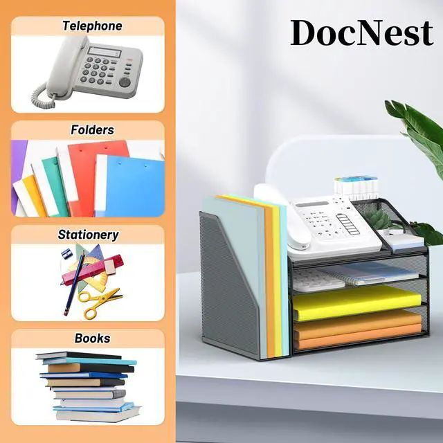Alt view image 7 of 7 - 4 Tier Paper Letter Tray File Organizer, Mesh Desk File with Handle, Workspace Desk Organizers with Pen Holder, Office Organization Storage Accessories - Black