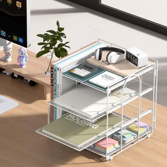 Alt view image 2 of 7 - White Desk Organizer and Accessories, 4-Tier Paper Organizer for Desk, Office Accessories & Workspace Organizers and Desktop Storage for Office Supplies (White)