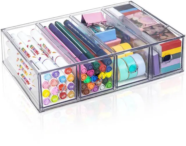 Main image of Desk Organizer with 4 Drawers, Stackable Desktop Storage Box with Removable Drawer, Clear Sunglasses Organizer Display Case for Stationery Marker Pens Eyeglasses Office Supply