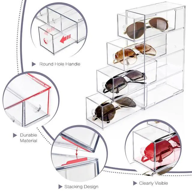 Alt view image 3 of 7 - Desk Organizer with 4 Drawers, Stackable Desktop Storage Box with Removable Drawer, Clear Sunglasses Organizer Display Case for Stationery Marker Pens Eyeglasses Office Supply