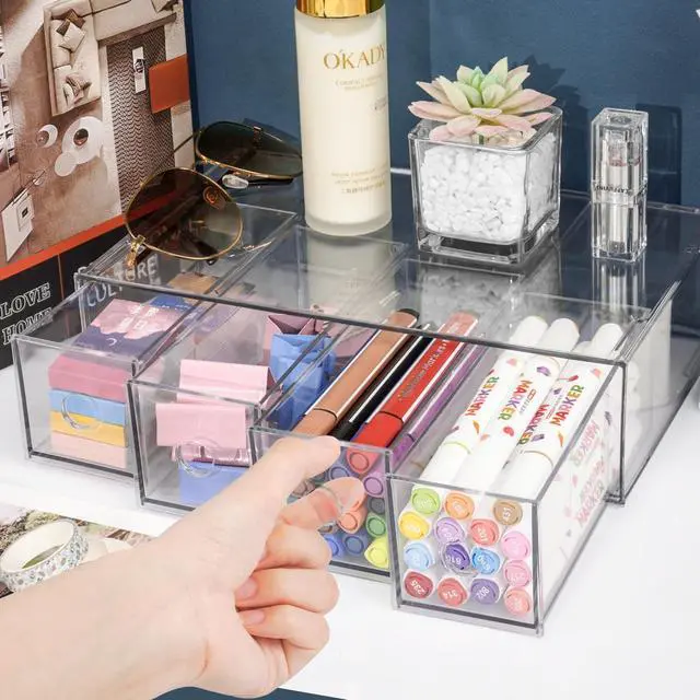 Alt view image 4 of 7 - Desk Organizer with 4 Drawers, Stackable Desktop Storage Box with Removable Drawer, Clear Sunglasses Organizer Display Case for Stationery Marker Pens Eyeglasses Office Supply