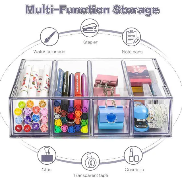 Alt view image 5 of 7 - Desk Organizer with 4 Drawers, Stackable Desktop Storage Box with Removable Drawer, Clear Sunglasses Organizer Display Case for Stationery Marker Pens Eyeglasses Office Supply