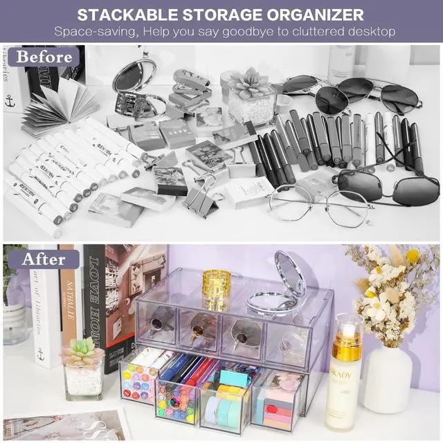 Alt view image 6 of 7 - Desk Organizer with 4 Drawers, Stackable Desktop Storage Box with Removable Drawer, Clear Sunglasses Organizer Display Case for Stationery Marker Pens Eyeglasses Office Supply
