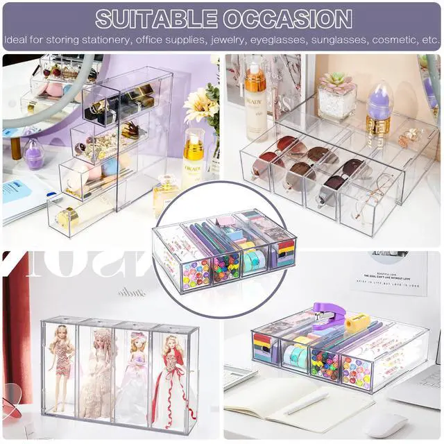 Alt view image 7 of 7 - Desk Organizer with 4 Drawers, Stackable Desktop Storage Box with Removable Drawer, Clear Sunglasses Organizer Display Case for Stationery Marker Pens Eyeglasses Office Supply