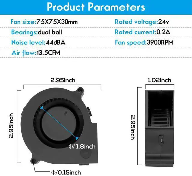 Alt view image 3 of 3 - 2pcs DC Brushless Blower Fan 75x75x30mm 24V Dual Ball Bearing 7cm 7530 Centrifugal Radial Air Flow Cooling Cooler Fan