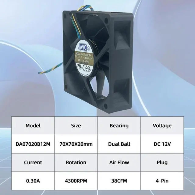 Alt view image 2 of 3 - 70mm Cpu Cooler Mute Fan AVC DA07020B12M DC 12V CPU 4-wire PWM Dual Ball Bearing 70X70X20mm 4Pin