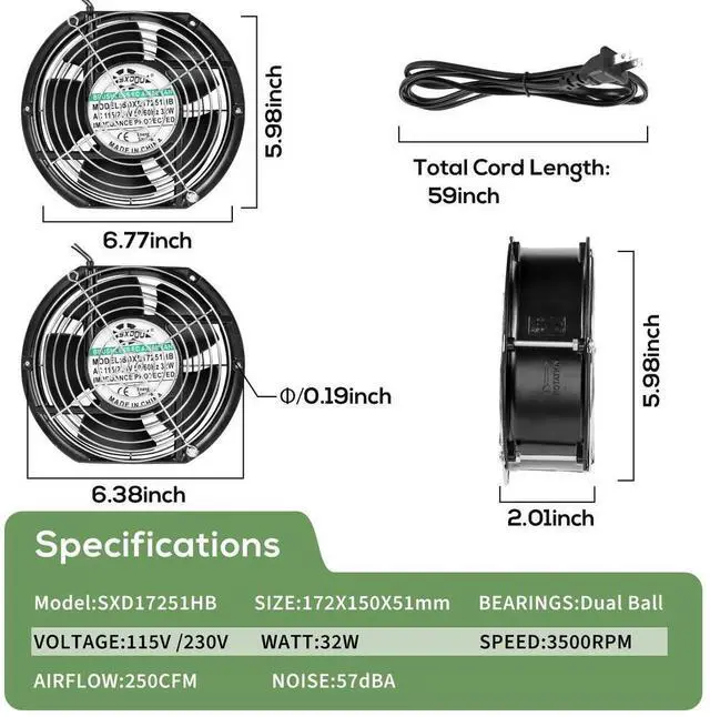 Alt view image 3 of 3 - SXD17251HB 172mm EC Cooling Fan 115V/230V Dual Ball 250CFM High-Speed Industrial Cooling for Cabinet Server Power Equipment