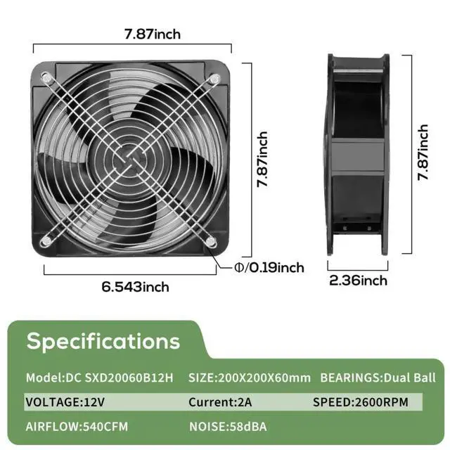 Alt view image 2 of 3 - Large Size 200mm 20060 20cm DC 12V High Air Flow 540CFM 200X60MM for Vehicle Car EV Charger Station Industrial Cooling Fan