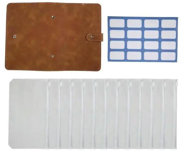 Main image of Brown Budget Binder, PU Leather Wallet For Cash Vouchers, Planner Notebook Cover With 12 Zip Envelopes