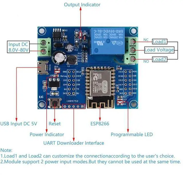 Alt view image 3 of 3 - 2X Relay Controller Module, DC 5V 8V-80V ESP8266 Controller Module ESP-12F For IOT Home APP