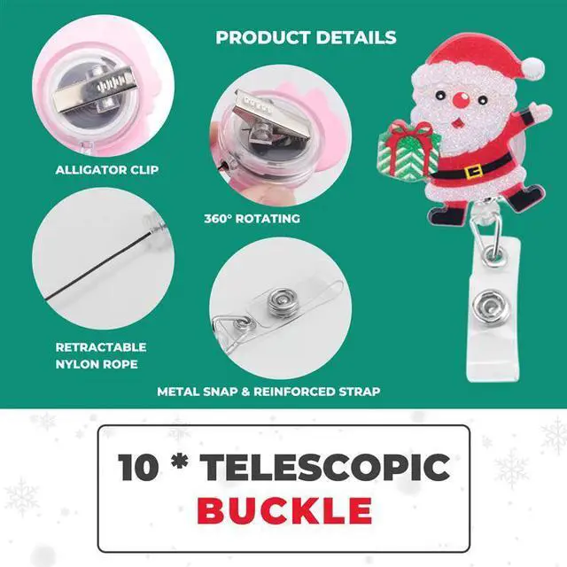 Alt view image 3 of 3 - Christmas Badge Reel Retractable Nurse Badge Clips Holiday Cute Badge Name ID Reel, Nurse Teacher Christmas Decoration Durable
