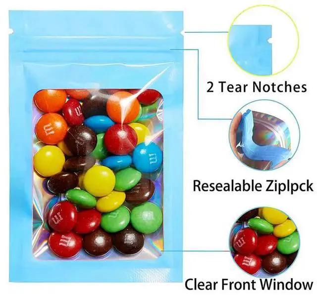 Main image of 300Pcs Reseale Holographic Bags, Smell Proof Mylar Pouch With Clear Window For Food Party Favor Business