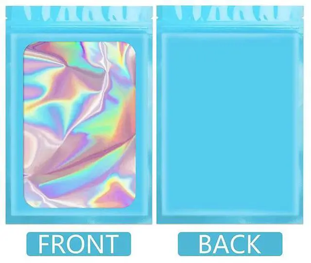Alt view image 2 of 3 - 300Pcs Reseale Holographic Bags, Smell Proof Mylar Pouch With Clear Window For Food Party Favor Business