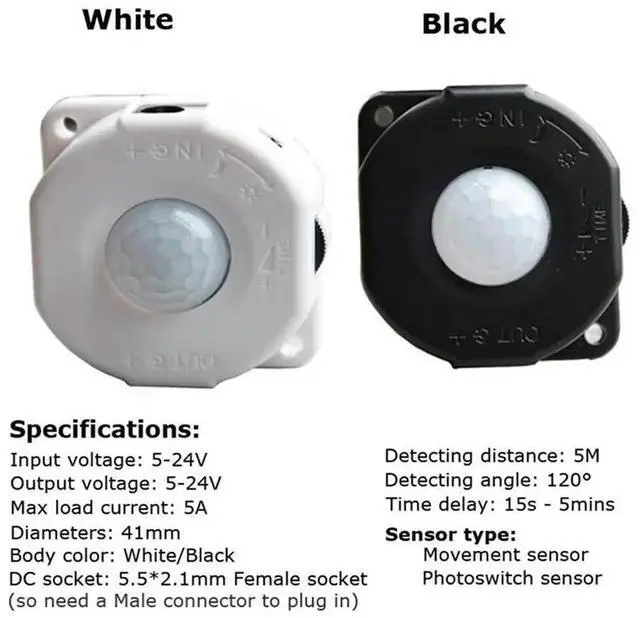 Alt view image 3 of 3 - 5Pcs Motion Sensor Light Switch DC 5V 12V 24V Movement Automatic Infrared 12V Sensor Motion Adjustable Timer (A)