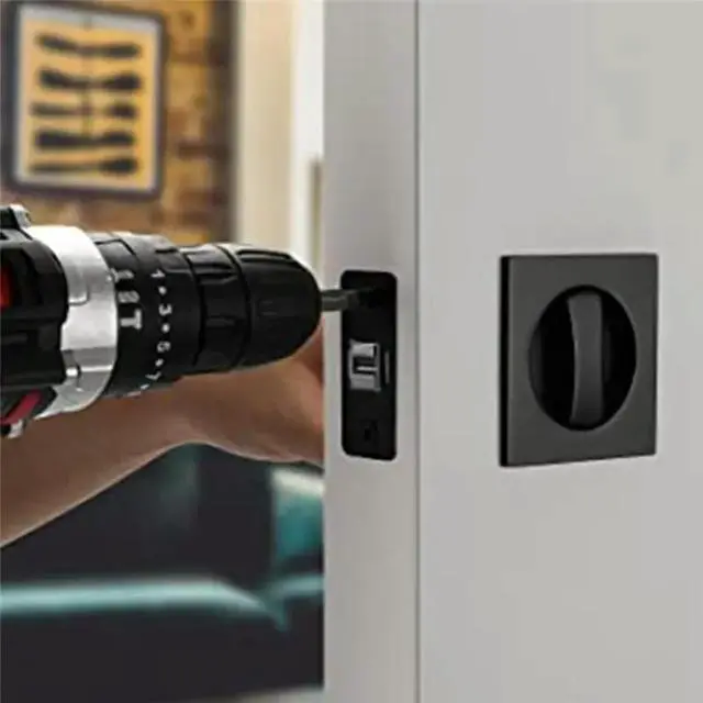 Alt view image 3 of 3 - 3X Pocket Door Lock, Matte Black Contemporary Privacy Square Pocket Door Hardware, Black Sliding Pocket Door Lock