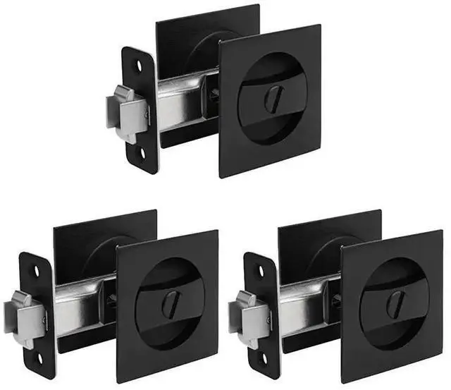 Main image of 3X Pocket Door Lock, Matte Black Contemporary Privacy Square Pocket Door Hardware, Black Sliding Pocket Door Lock