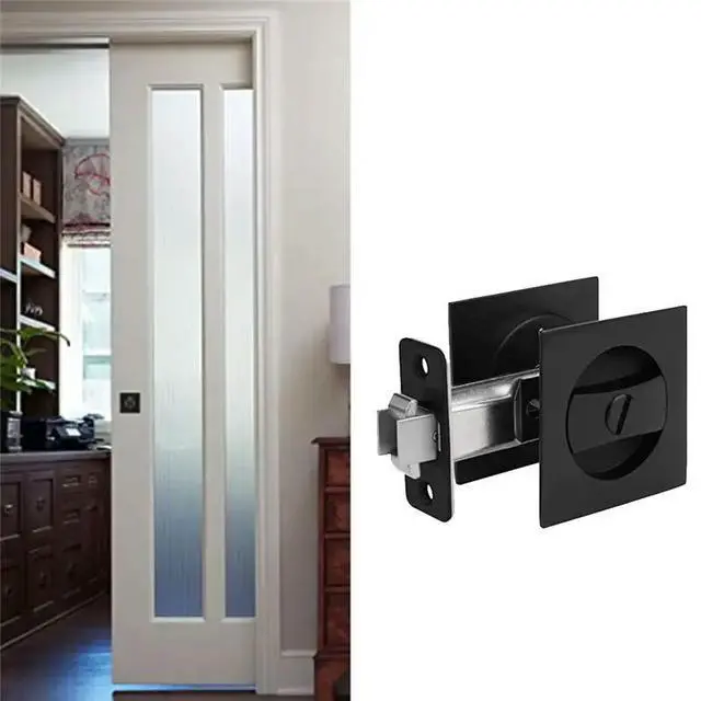 Alt view image 2 of 3 - 3X Pocket Door Lock, Matte Black Contemporary Privacy Square Pocket Door Hardware, Black Sliding Pocket Door Lock