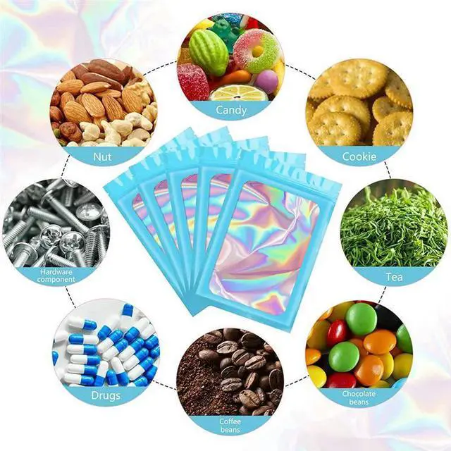 Main image of 1000Pcs Reseale Holographic Bags, Smell Proof Mylar Pouch With Clear Window For Food Party Favor Business